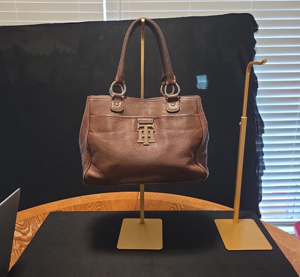 Tommy Hilfiger Brown Pebbled Leather Satchel with TH Logo